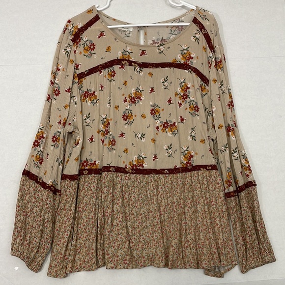 Maurices Tops - Maurices Top, Keyhole Back, Ruffle Hem, Beige with Multicolor Floral, 3X